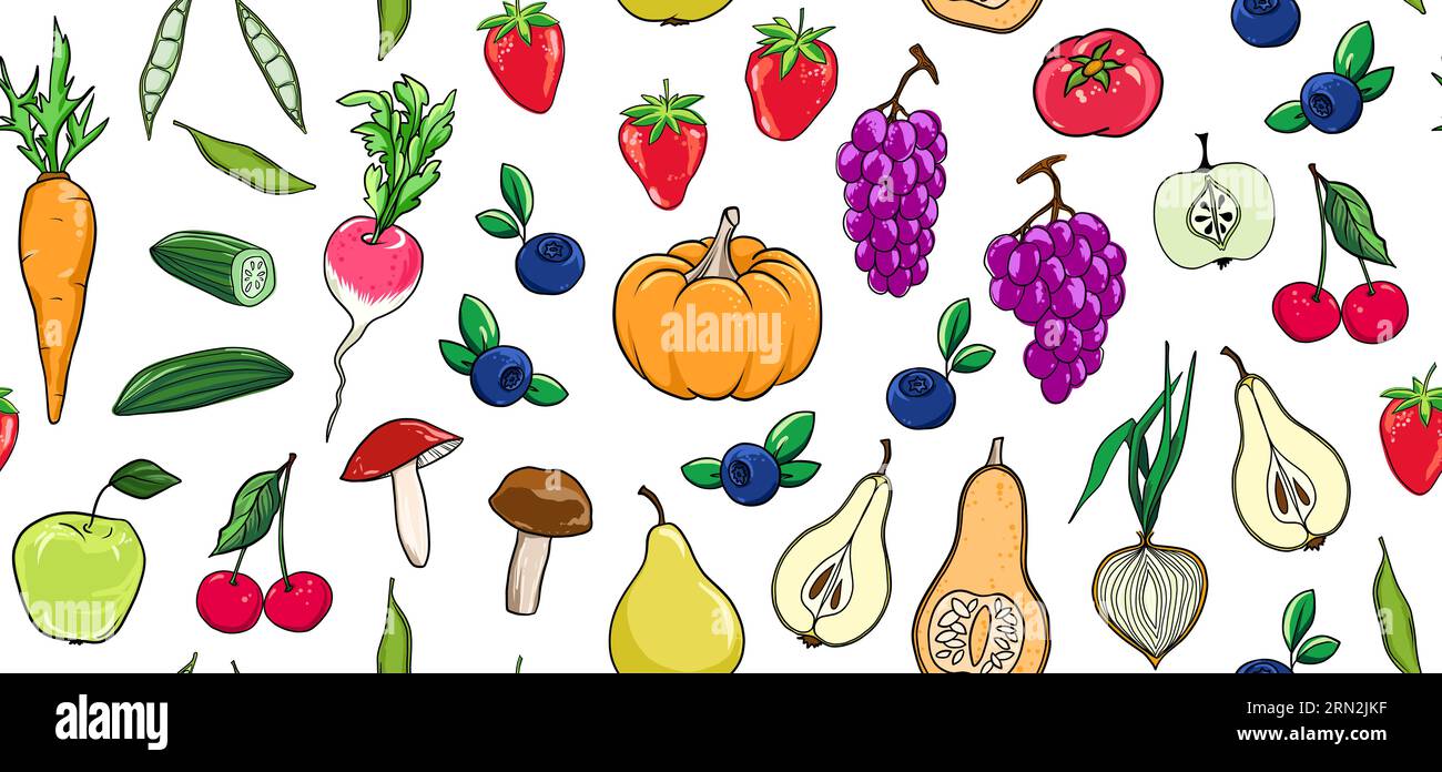 Modèle sans couture avec des fruits et légumes. Illustration vectorielle dans le style doodle Illustration de Vecteur