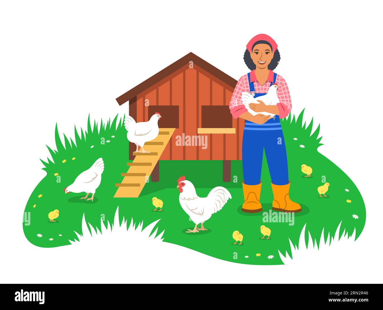 Heureuse femme fermière noire souriante tient un poulet dans les mains debout près du poulailler. Poules, coq et petits poussins paissent dans l'herbe verte. Libre accès Illustration de Vecteur