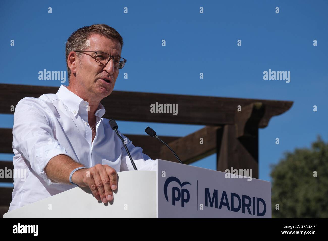 Le président du PP, Alberto Núñez Feijoo, lors d'un événement qui ouvre le cours politique du PP, le 31 août 2023, Madrid, Espagne. Banque D'Images