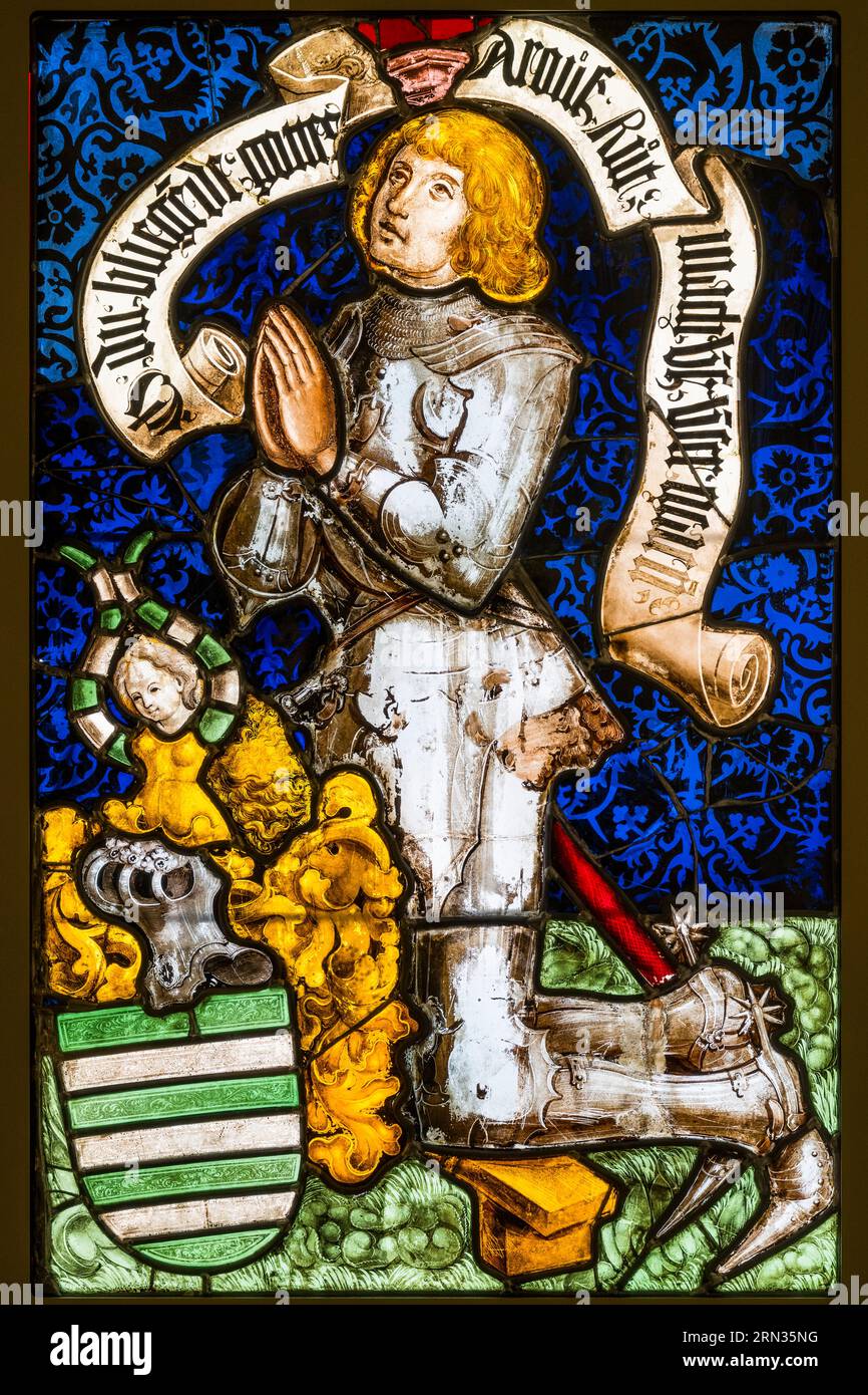 France, Paris, Musée de Cluny - Musée national du Moyen Age (Musée du Moyen Age dans l'ancien Hôtel de Cluny), vitrail représentant Jacques de Fleckenstein comme donateur, de l'église Saint Georges de Haguenau (Bas Rhin), entre 1496 et 1514 Banque D'Images