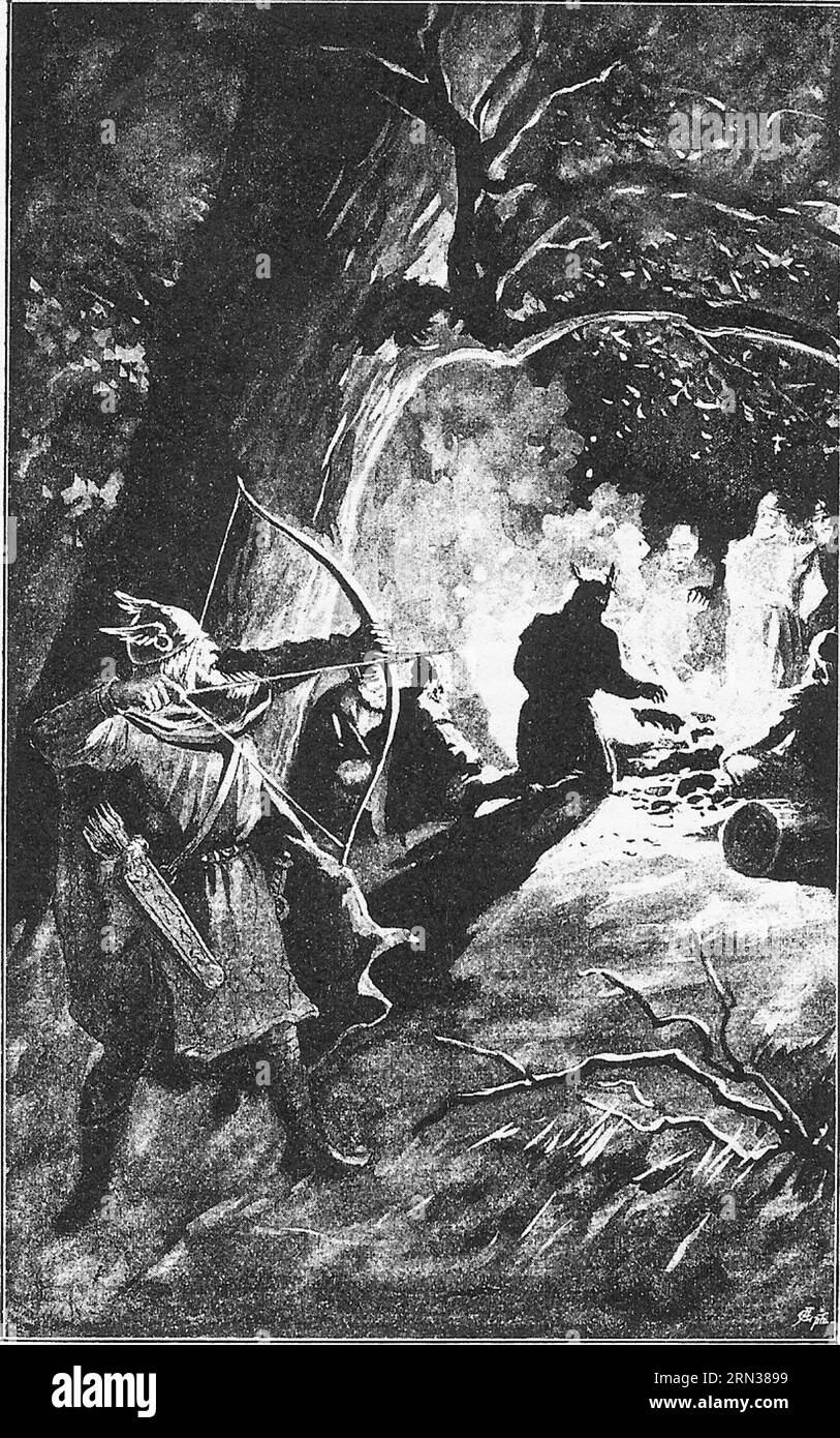 Palnatoki se prépare à tuer le roi Harald Bluetooth de Jenny Nyström (1895). Banque D'Images