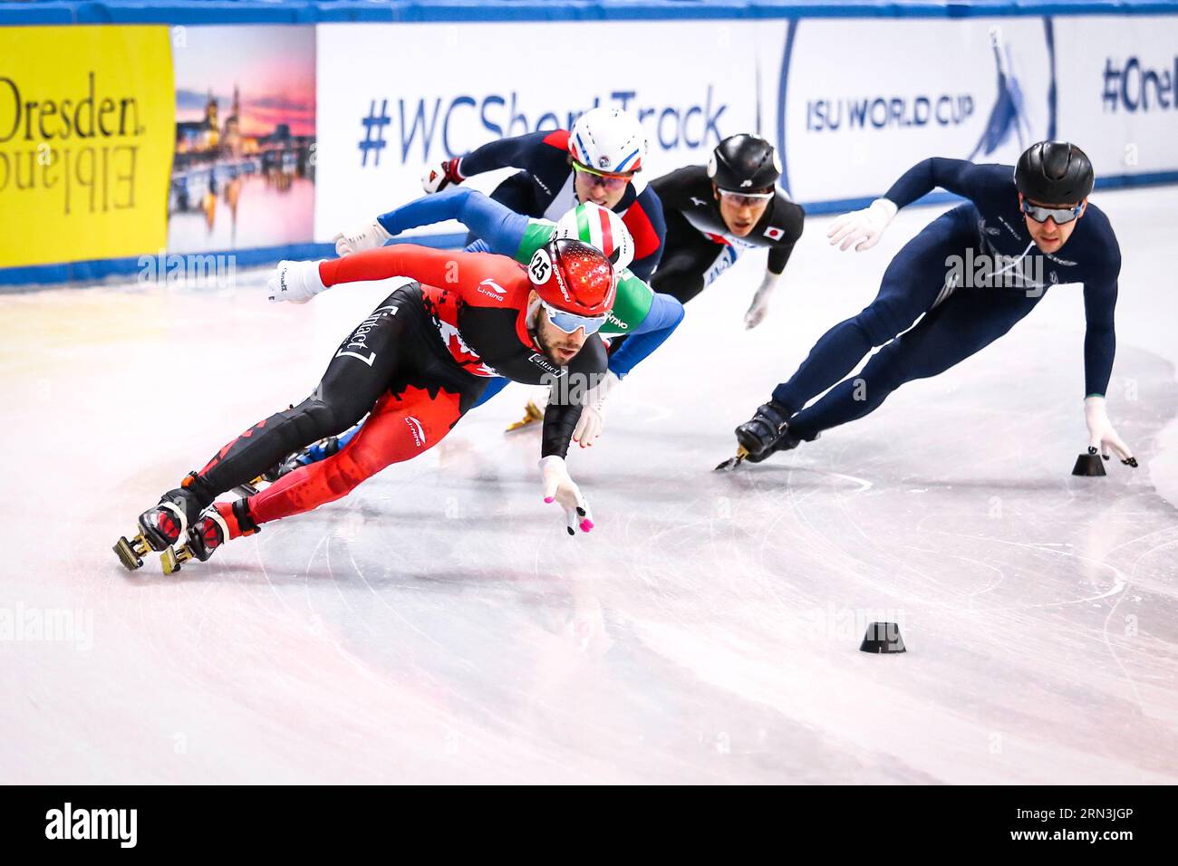 Dresde, Allemagne, le 02 février 2019 : le patineur de vitesse canadien Steven Dubois participe au Championnat du monde de patinage de vitesse sur courte piste de l'ISU Banque D'Images