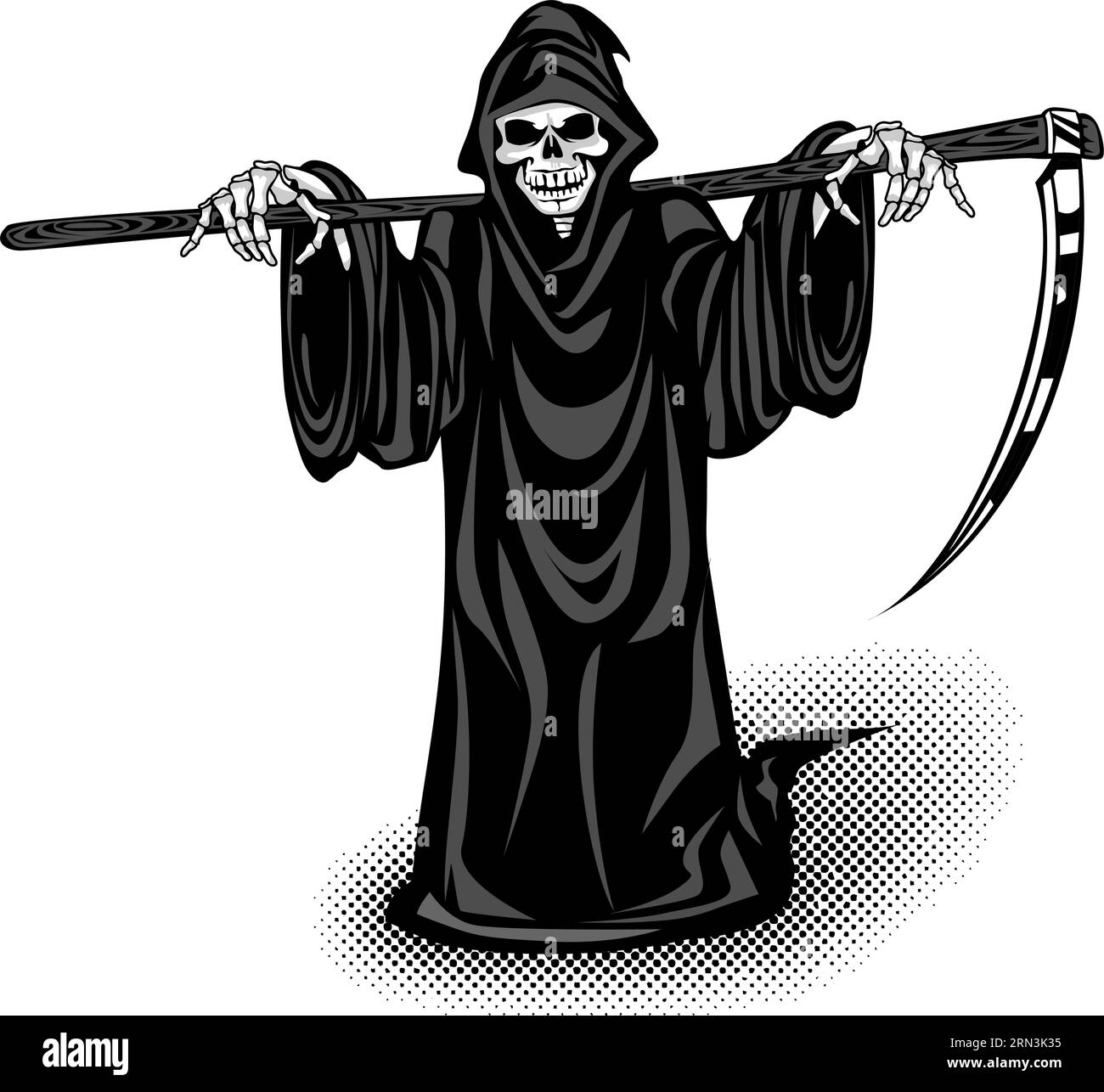 Grim Reaper of Death avec Scythe sur les épaules. Icône Vector sur fond transparent Illustration de Vecteur