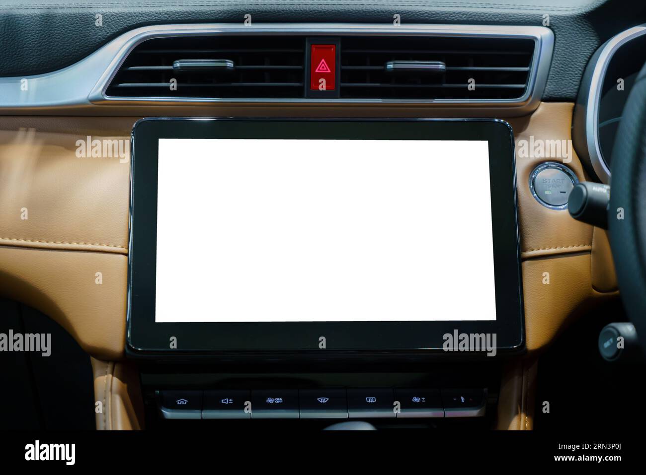 La conduite futuriste se déploie sur la toile immaculée d'un tableau de bord numérique. L'écran de maquette blanche donne des indications sur un Royaume de possibilités personnalisables. Banque D'Images