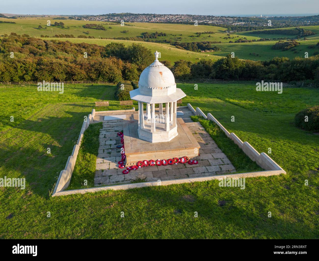 Vue aérienne du Mémorial Chattri, Patcham, East Sussex, Royaume-Uni. Banque D'Images