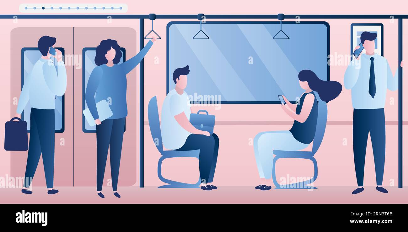 Métro souterrain, voiture de train intérieur moderne avec divers passagers. Les gens assis et debout dans le wagon de métro.les humains utilisent les transports en commun. Tr Illustration de Vecteur