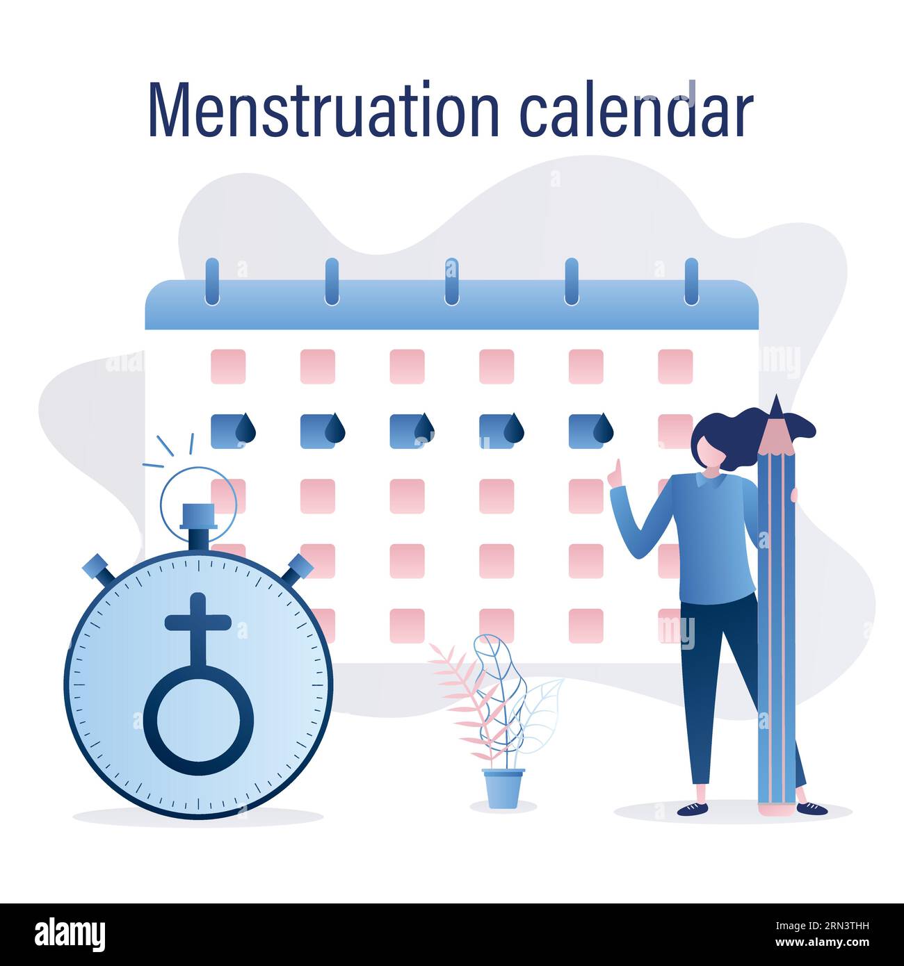 La femme note calendrier menstruel cycle menstruel menstruel menstruel. Femme avec grand crayon, planificateur et montre avec signe féminin. Beauté caractère féminin dans un style tendance. Illustration de Vecteur