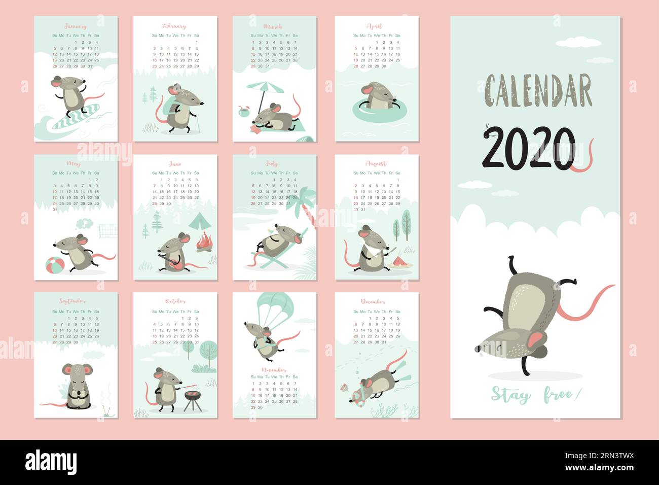 modèle de calendrier 2020. 12 mois et couverture. Année du rat. Animaux drôles et mignons. Scène et poses diverses. La semaine commence dimanche. Illustration vectorielle Illustration de Vecteur