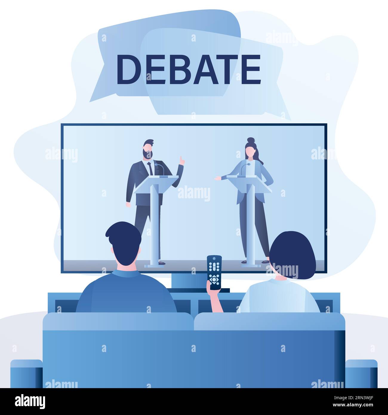 Couple d'amour regarder l'émission de télévision avec les dirigeants des partis politiques opposés. Les gens qui regardent le débat politique. Concept de divertissement en soirée TV. Vecto tendance Illustration de Vecteur
