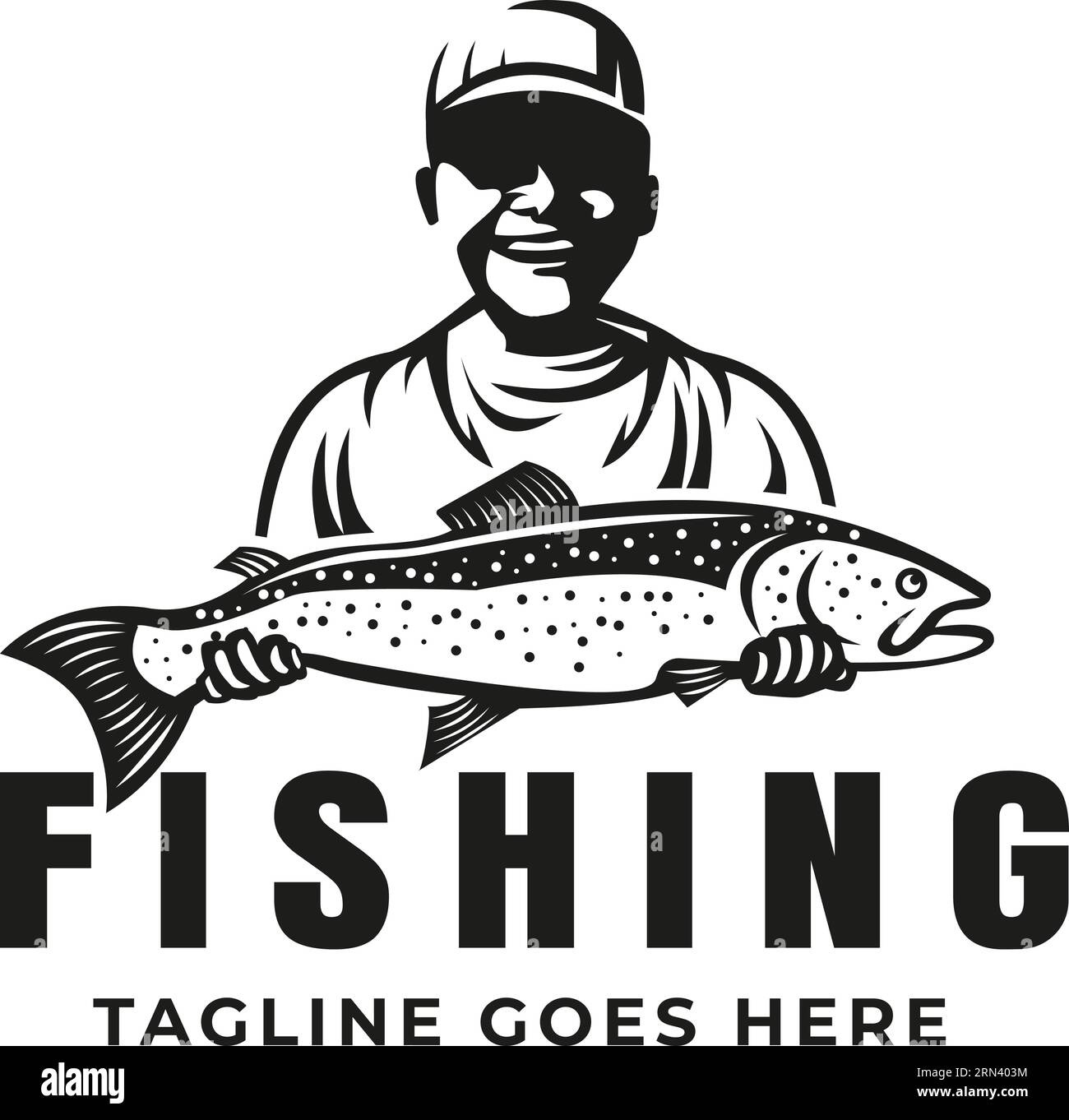 Illustration d'un homme tenant une prise de poisson logo de pêche logo Vintage Illustration de Vecteur