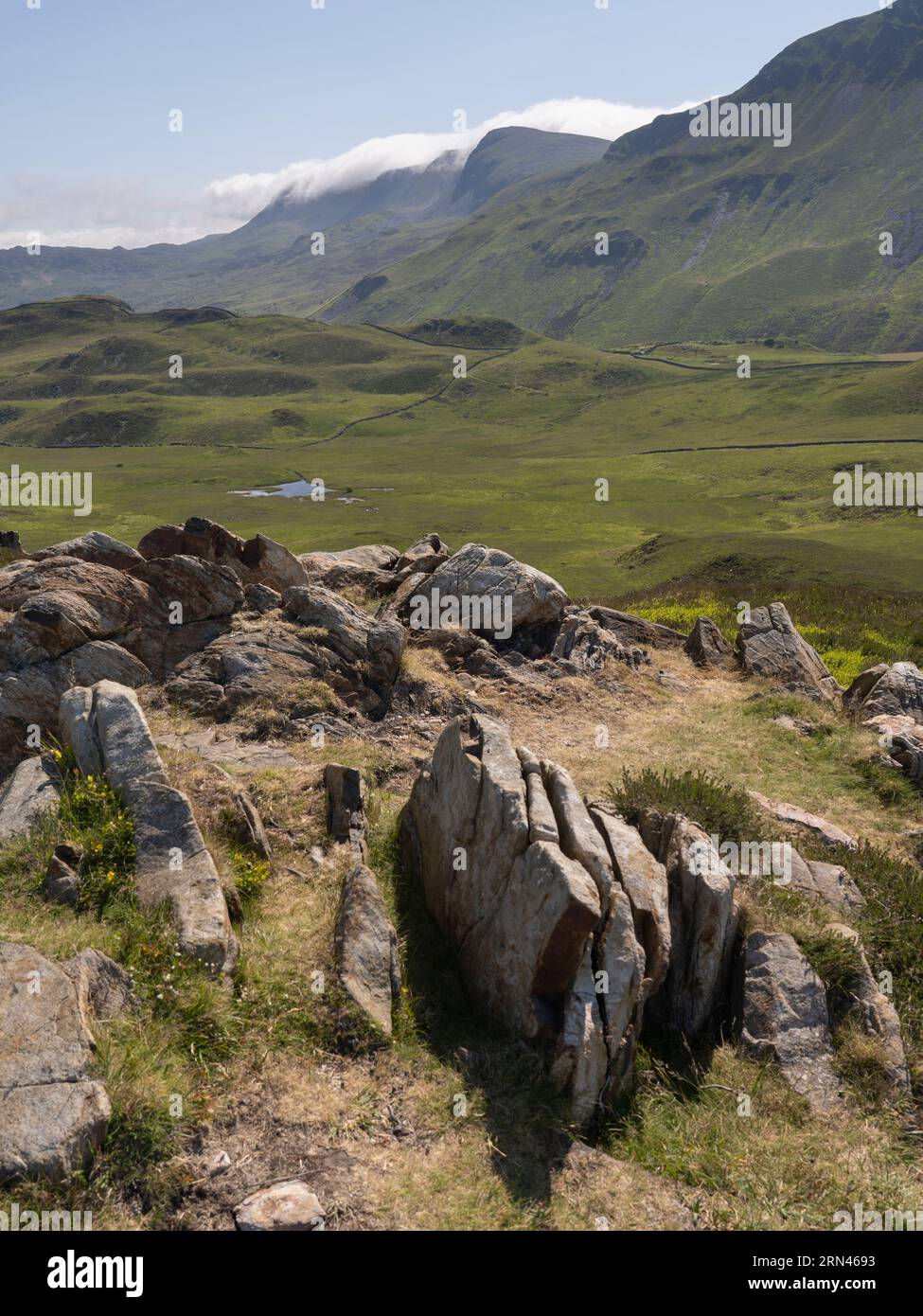 Cadair Idris et les terres agricoles environnantes vues de Pared y Cefn-hir, Llynnau Creggenen, Dolgellau, pays de Galles Banque D'Images