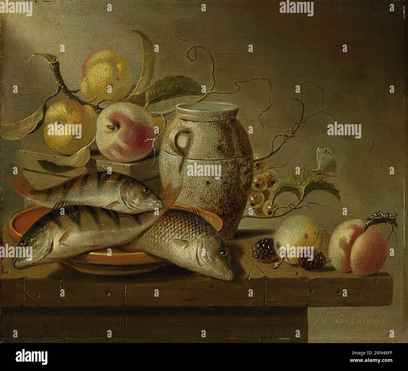 Nature morte avec pot en faïence, poisson et fruits 1652 par Harmen Steenwijck Banque D'Images
