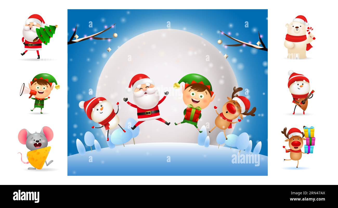 Joyeux personnages de dessins animés de Noël sautant Illustration de Vecteur