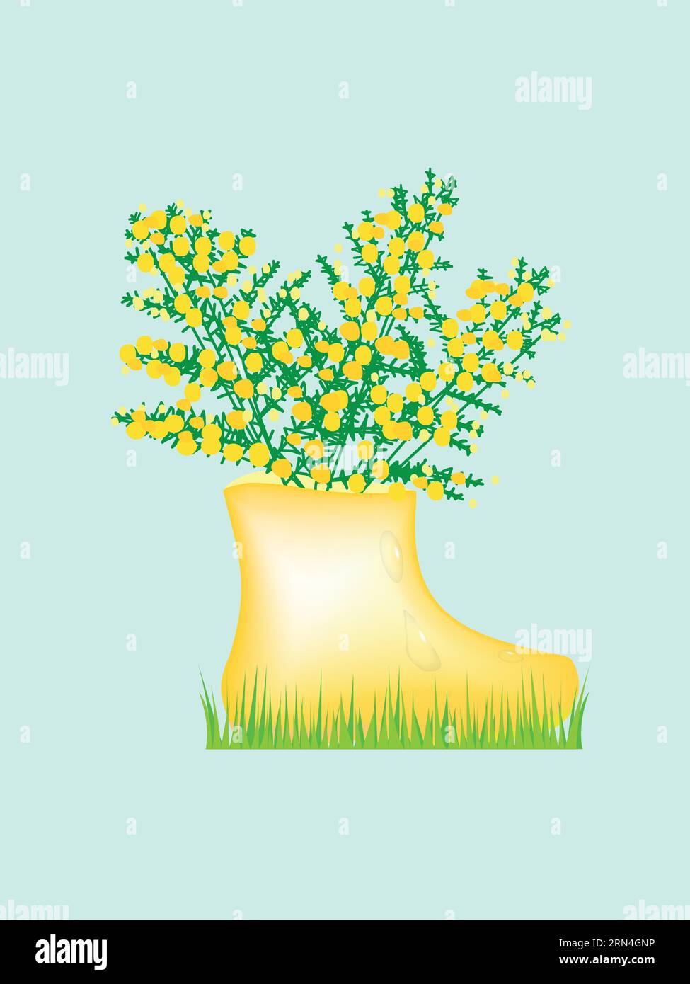 Mimosa branches dans un pot sous la forme d'une botte debout sur l'herbe Illustration de Vecteur