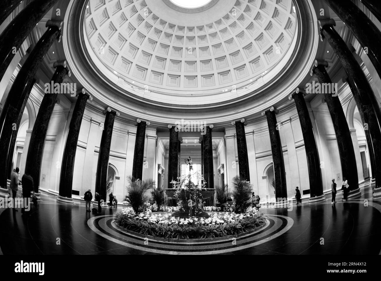 Dôme intérieur et fontaine, Washington, D.C. photographie en noir et blanc montre une vue grand angle du plafond à caissons du dôme et de la fontaine entourée de colonnes. Banque D'Images