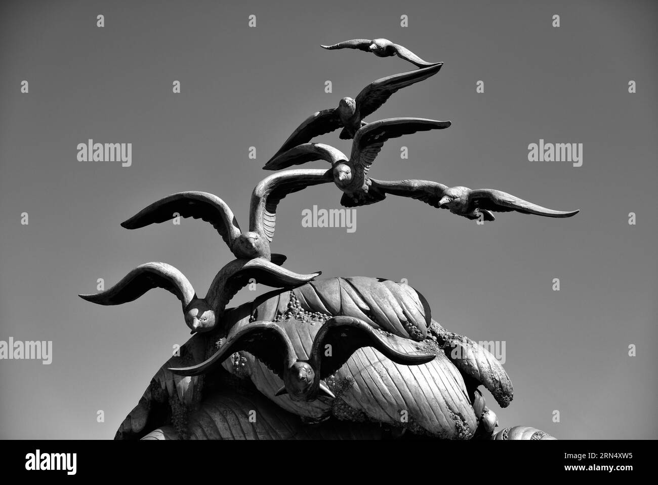 Les mouettes au sommet du Navy-Merchant Memorial Marine à Arlington, Virginie, sur l'île de Colombie-Britannique sur les rives du Potomac en face de Washington DC. Le monument rend hommage à ceux qui ont perdu la vie en mer au cours de la Première Guerre mondiale et a été consacrée en 1934. La sculpture principale est moulé en aluminium. Banque D'Images