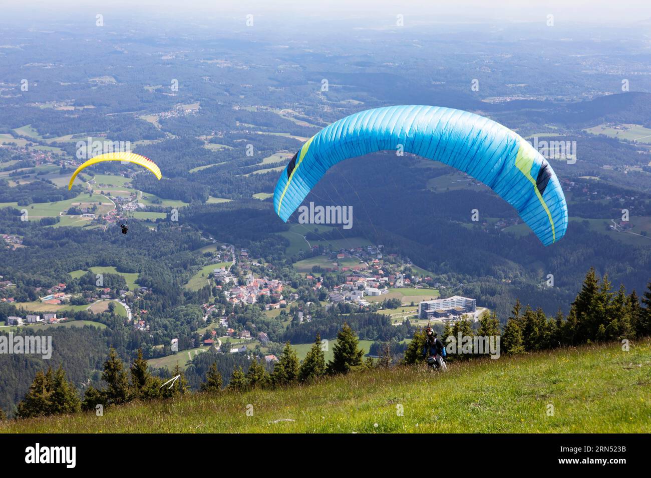 Site de lancement de parapente à Schoeckl, Sankt Radegund près de Graz, collines et Schoecklland, Styrie, Autriche Banque D'Images