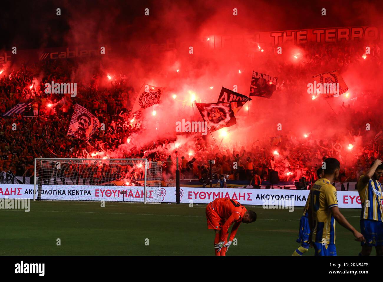 Strovolos, Chypre. 31 août 2023. L'illustration montre le début d'un match de football entre l'APOEL FC chypriote et le Belge KAA Gent, jeudi 31 août 2023 à Strovolos, Chypre, étape de retour des play-off pour la compétition UEFA Europa Conference League. BELGA PHOTO GEORGE CHRISTOPHOROU crédit : Belga News Agency/Alamy Live News Banque D'Images