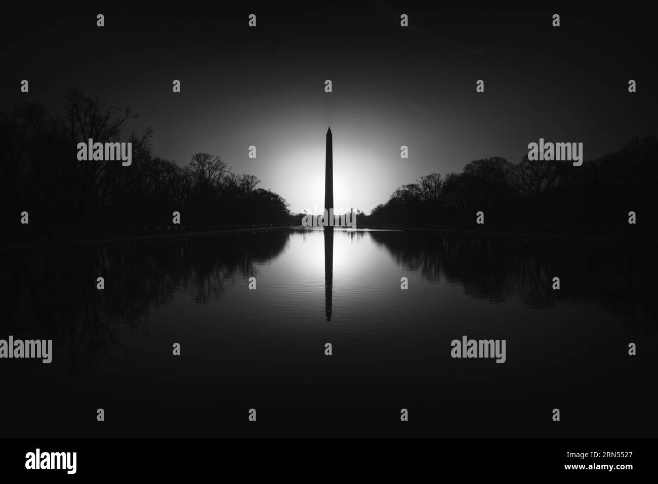 Washington Monument reflété dans l'eau, Washington, D.C. photographie en noir et blanc montrant une composition symétrique avec des arbres silhouettés. Banque D'Images