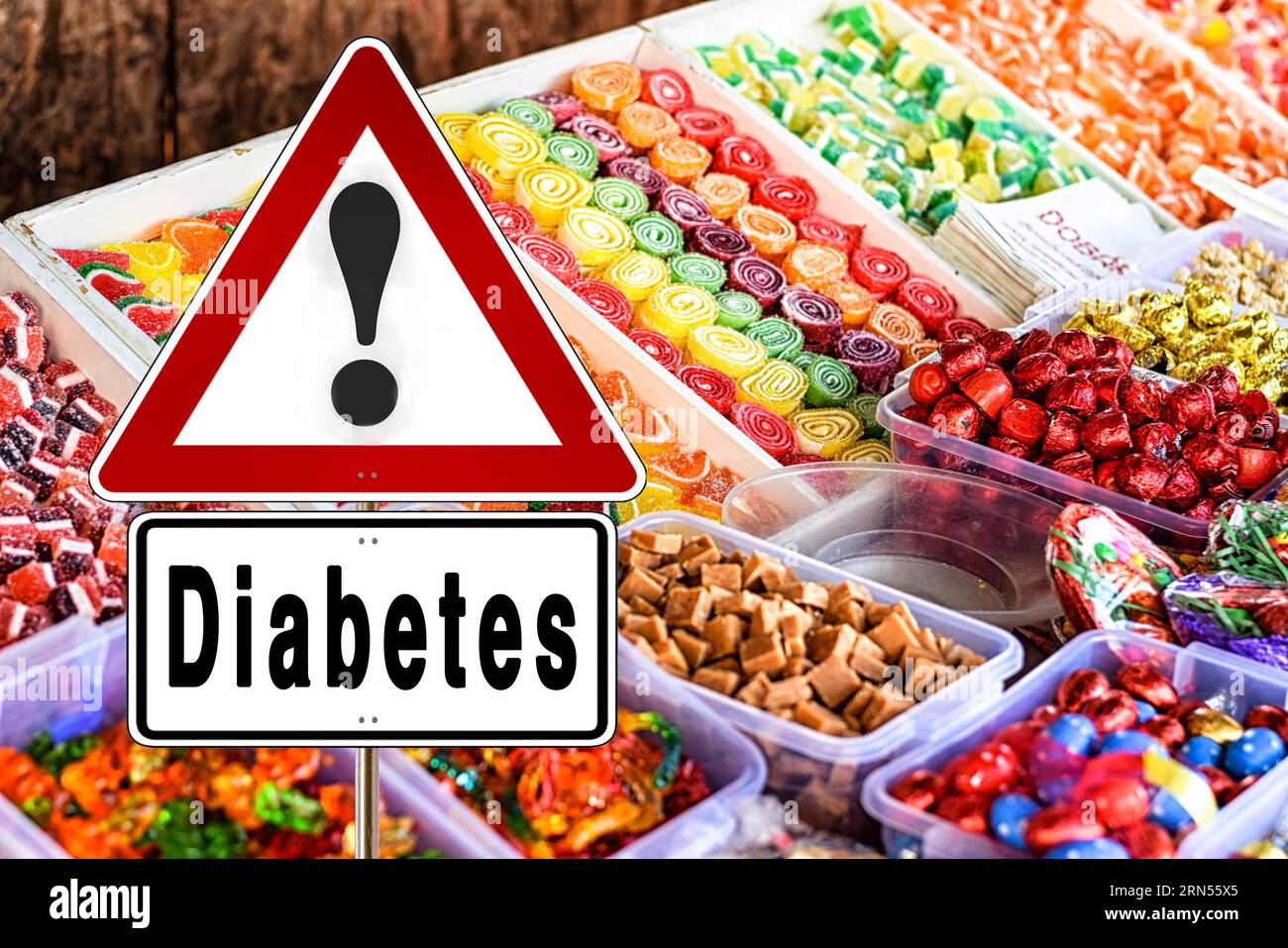 Image symbolique, signe d'attention, attention, indication de diabète, sucre, bonbons, risque pour la santé, diabète de type 1, diabète de type 2, aliments, contrôle médical Banque D'Images