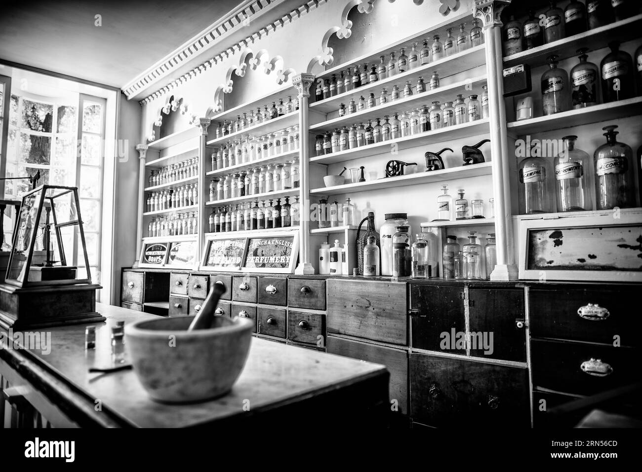 Bouteilles de médicaments antiques et mortier, Stabler-Leadbeater Apothecary Museum, Alexandrie. Photographie en noir et blanc montrant des étagères remplies de bouteilles en verre et un mortier et un pilon au premier plan. Banque D'Images