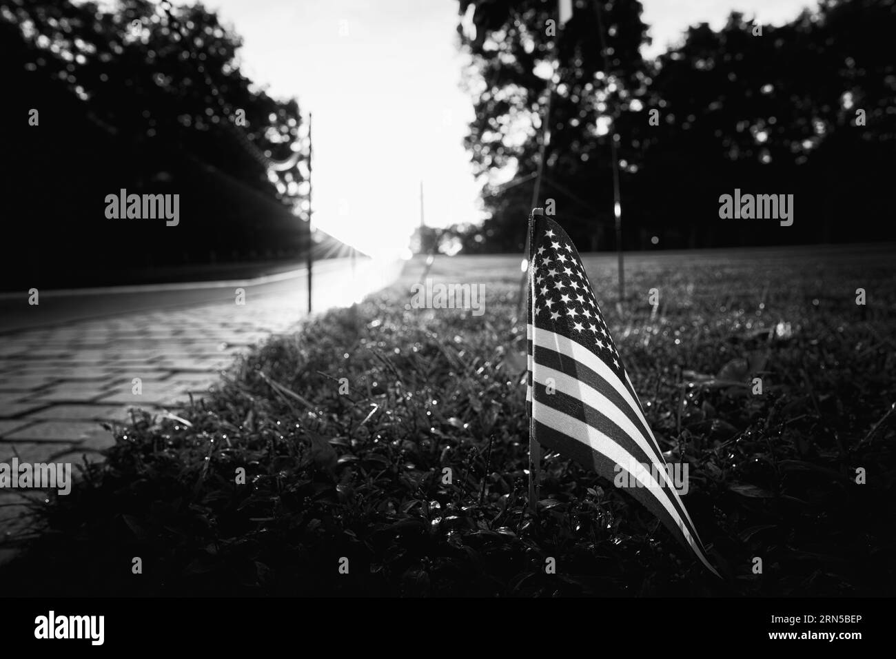Drapeau américain au Vietnam Veterans Memorial, Washington, D.C. photographie en noir et blanc montrant le drapeau planté dans le sol devant le mur commémoratif. Banque D'Images