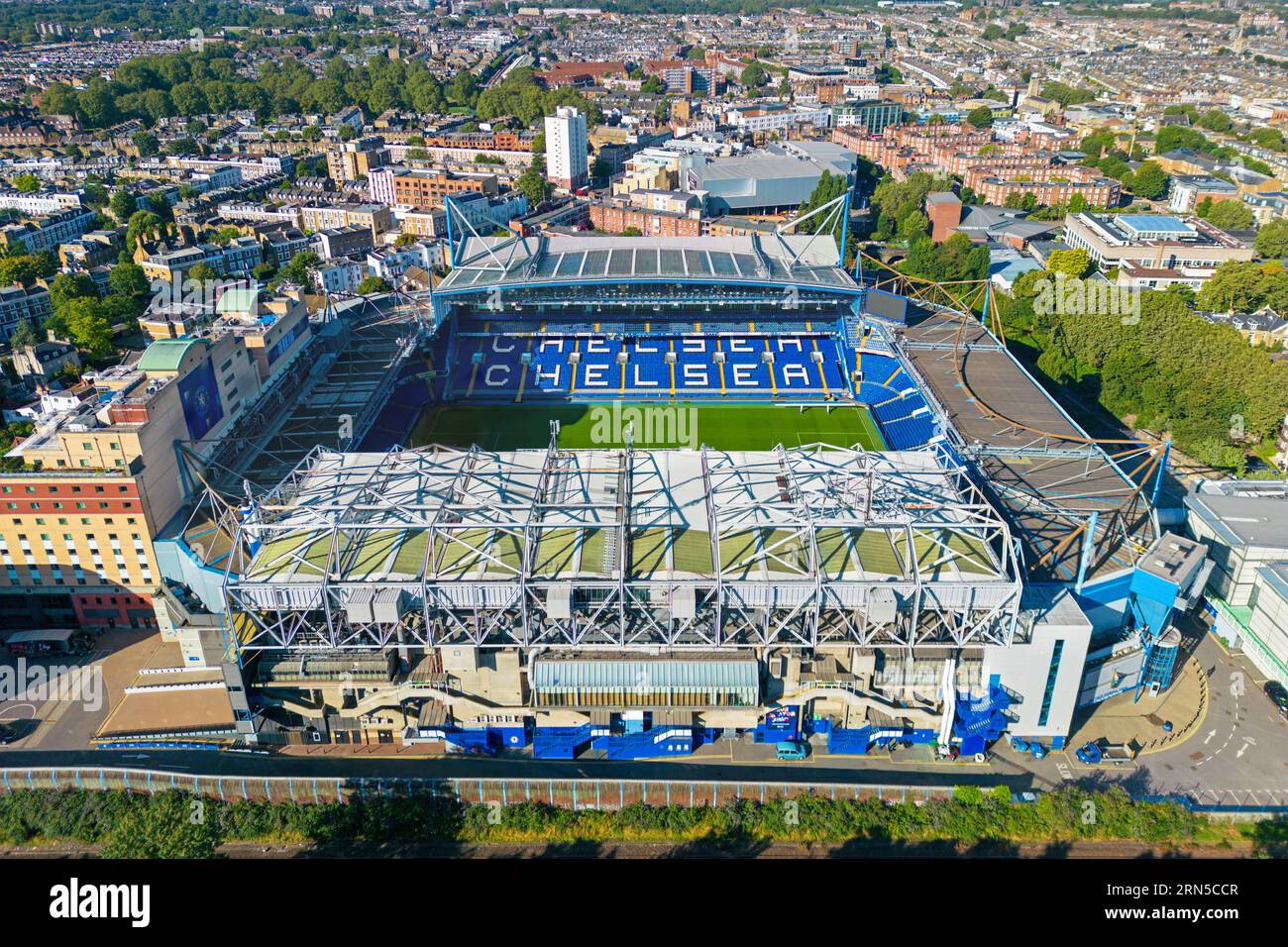 Chelsea, Londres. Royaume-Uni. 08/15/2023 image aérienne du Stamford Bridge Stadium. Chelsea football Club. 15 août 2023 Banque D'Images