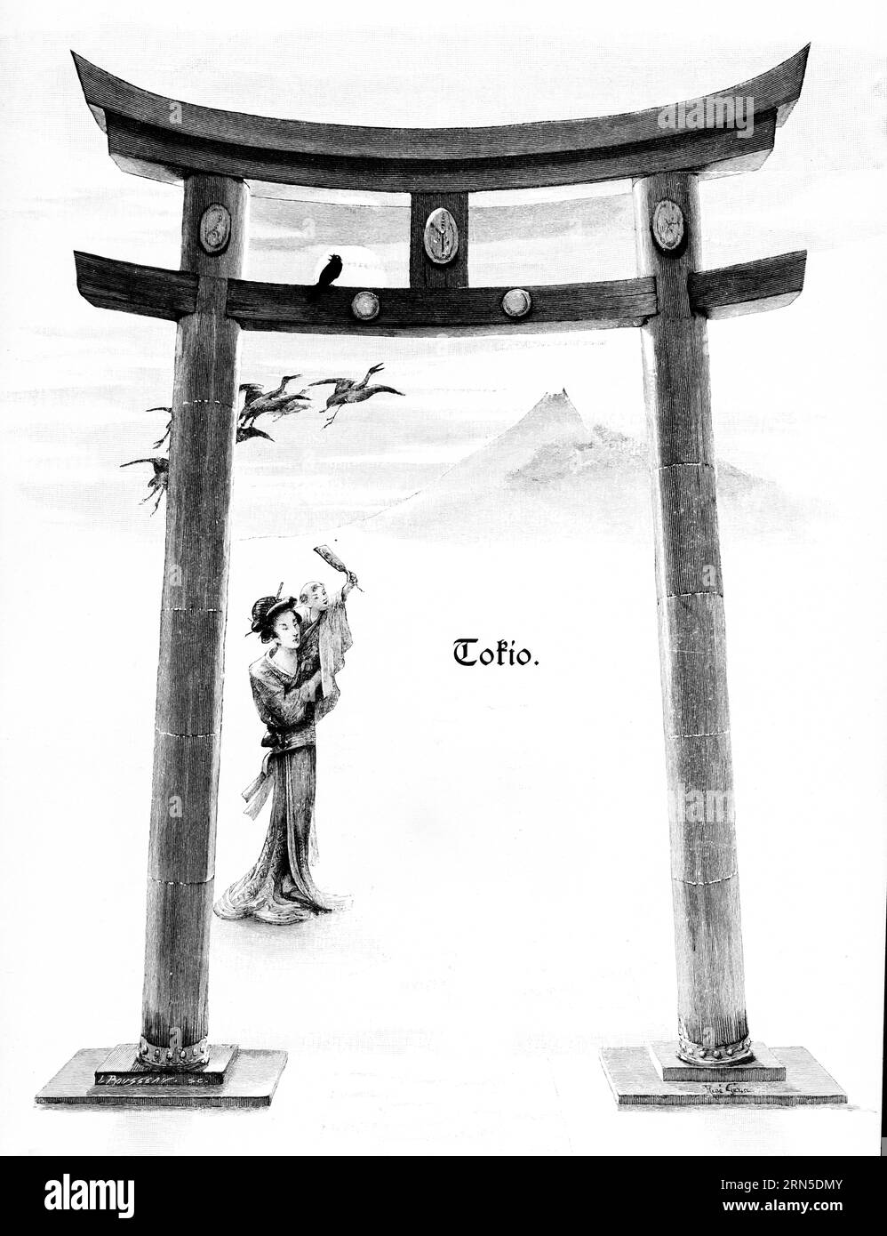 Torii, porte japonaise, Tokyo, Japon, tradition, deux poteaux, double barre transversale, symbolisme, oiseaux, femme portant un enfant, montagne, illustration historique Banque D'Images