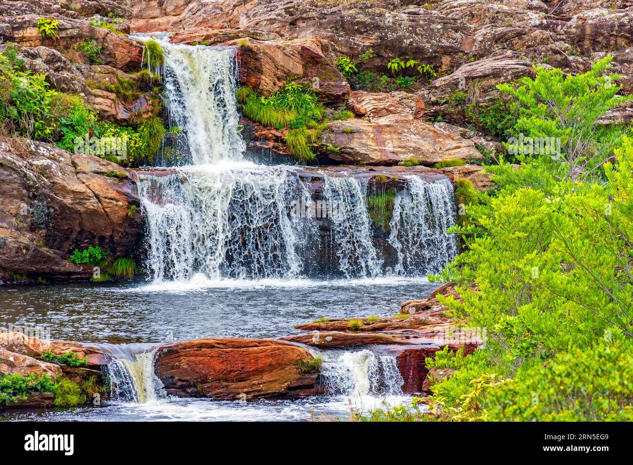 Petites cascades parmi les rochers et la végétation à Biribiri à Diamantina, Minas Gerais, Brésil Banque D'Images