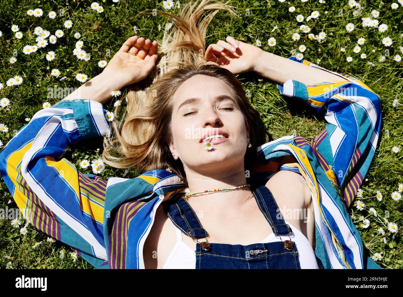 Jolie jeune femme couchée dans l'herbe entre marguerites avec une marguerite dans la bouche, Cologne, Rhénanie du Nord-Westphalie, Allemagne, prairie, beau temps Banque D'Images Jolie jeune femme couchée dans l'herbe entre marguerites avec une marguerite dans la bouche, Cologne, Rhénanie du Nord-Westphalie, Allemagne, prairie, beau temps Banque D'Images