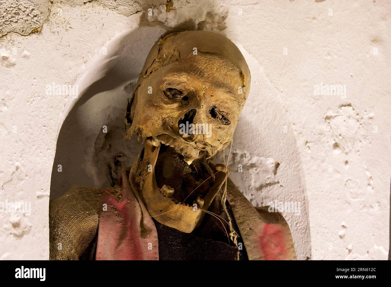 Crâne, mâchoire inférieure à moitié cassée, effrayant, Catacombe dei Cappuccini, monastère des capucins, crypte des capucins, momies, Palerme, capitale, Sicile, Italie, euro Banque D'Images