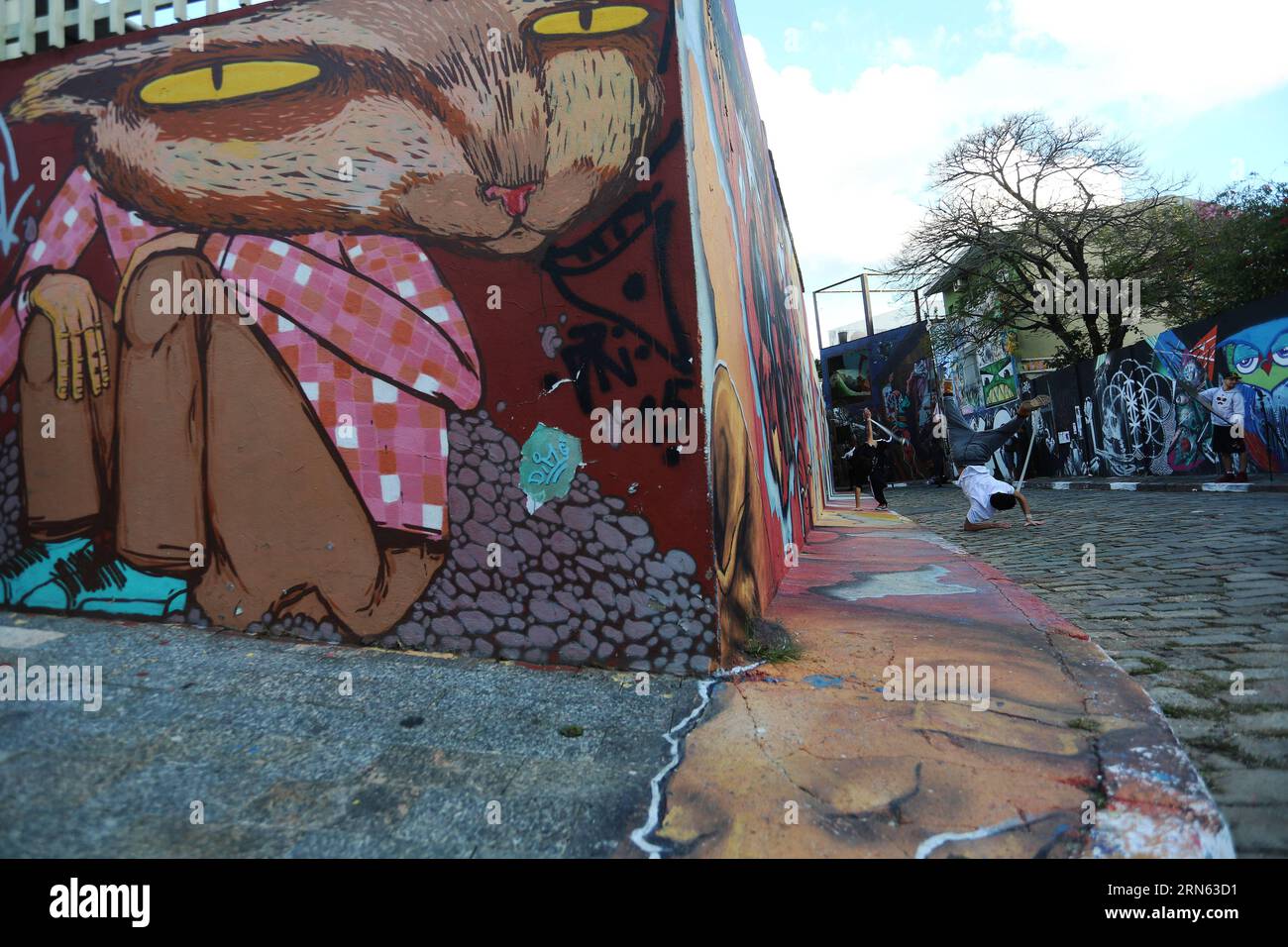 SAO PAULO, le 09 juillet 2015 -- des résidents dansent à la Batman s Alley, à Vila Madalena de Sao Paulo, Brésil, le 9 juillet 2015. Les murs de Batman s Alley sont peints avec des graffitis de différents artistes urbains. Les œuvres sont constamment changées, selon la presse locale. Rahel Patrasso) (zjy) BRÉSIL-SAO PAULO-GRAFFITI e RahelxPatrasso PUBLICATIONxNOTxINxCHN Sao Paulo juillet 09 2015 résidents danse À la Batman S Alley à Vila Madalena de Sao Paulo Brésil juillet 9 2015 les murs de Batman S Alley sont peints avec des graffitis de différents artistes urbains les œuvres sont constamment changées selon la presse locale Rahel P Banque D'Images