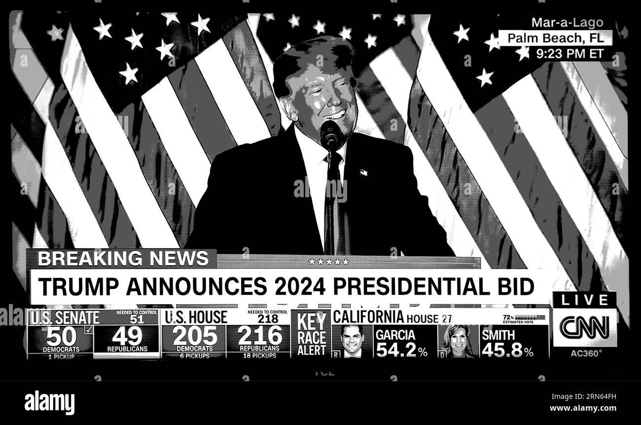 Une capture d'écran de CNN TV, colorisée numériquement, montrant l'ancien président américain Donald Trump annonçant sa candidature pour un second mandat en tant que président américain. Banque D'Images