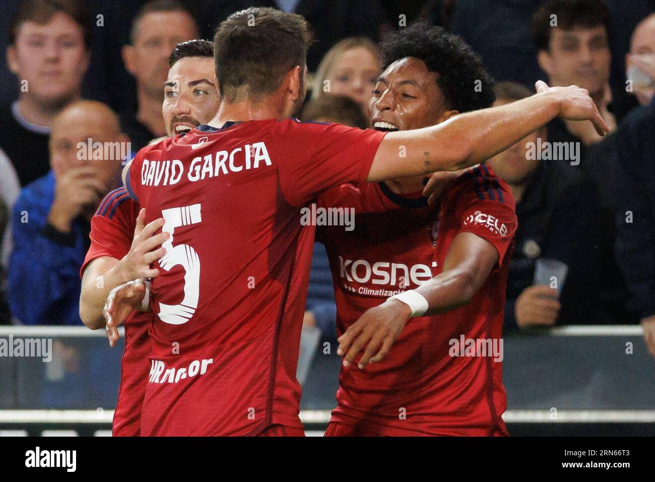 Bruges, Belgique. 31 août 2023. Johan Mojica d'Osasuna célèbre après avoir marqué lors d'un match de football entre le Belge Club Brugge KV et le Espagnol Club Atletico Osasuna, jeudi 31 août 2023 à Brugge, la manche de retour du match de play-off pour la compétition UEFA Europa Conference League. BELGA PHOTO KURT DESPLENTER crédit : Belga News Agency/Alamy Live News Banque D'Images