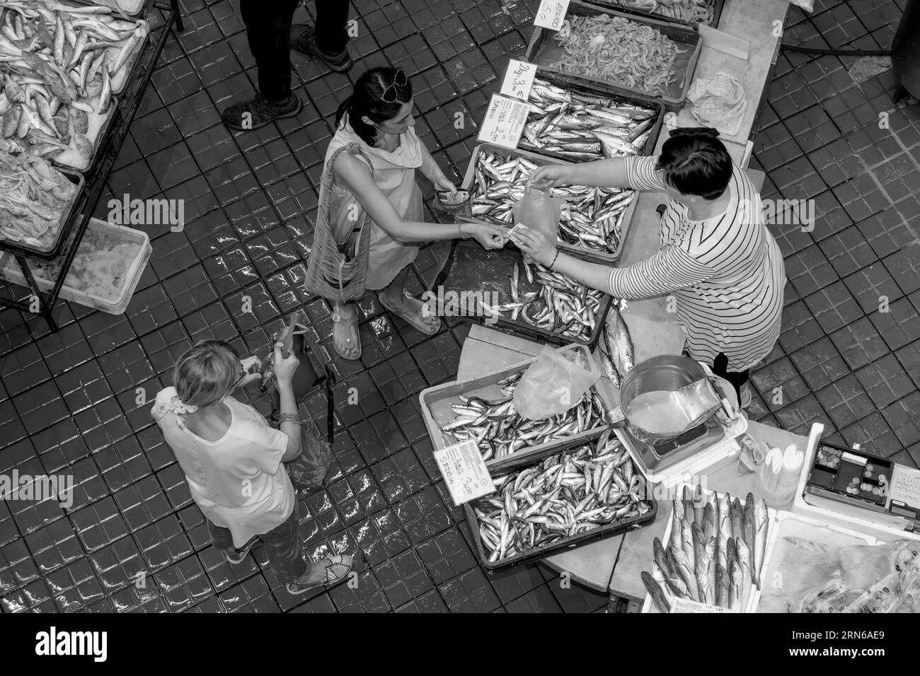 Photo vue d'oiseau noir et blanc d'un étal plein de poissons avec le vendeur et un acheteur, au marché aux poissons, Rijeka, Croatie Banque D'Images