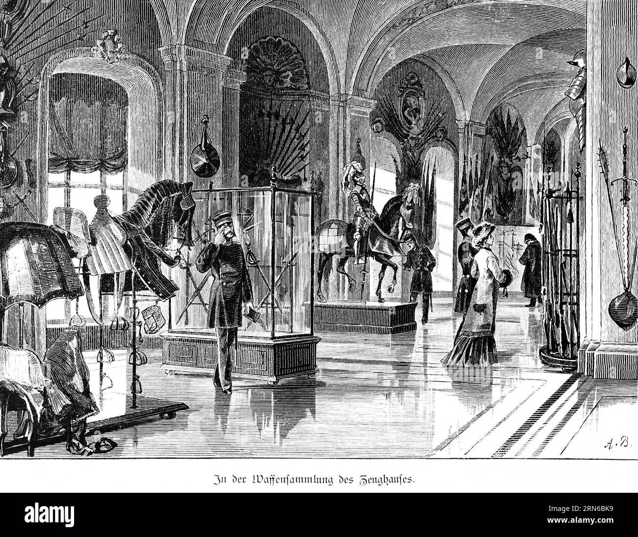 Collection d'armes dans le manège militaire, Berlin, hall, musée, exposition, visiteurs, supervision, vitrines, chevaux, armures, épées, Allemagne, mal historique Banque D'Images