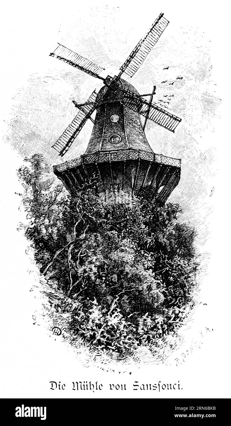 Moulin de Sanssouci, Potsdam près de Berlin, moulin à vent hollandais, galerie hollande, arbres, oiseaux, ciel, Allemagne, illustration historique c. 1898 Banque D'Images