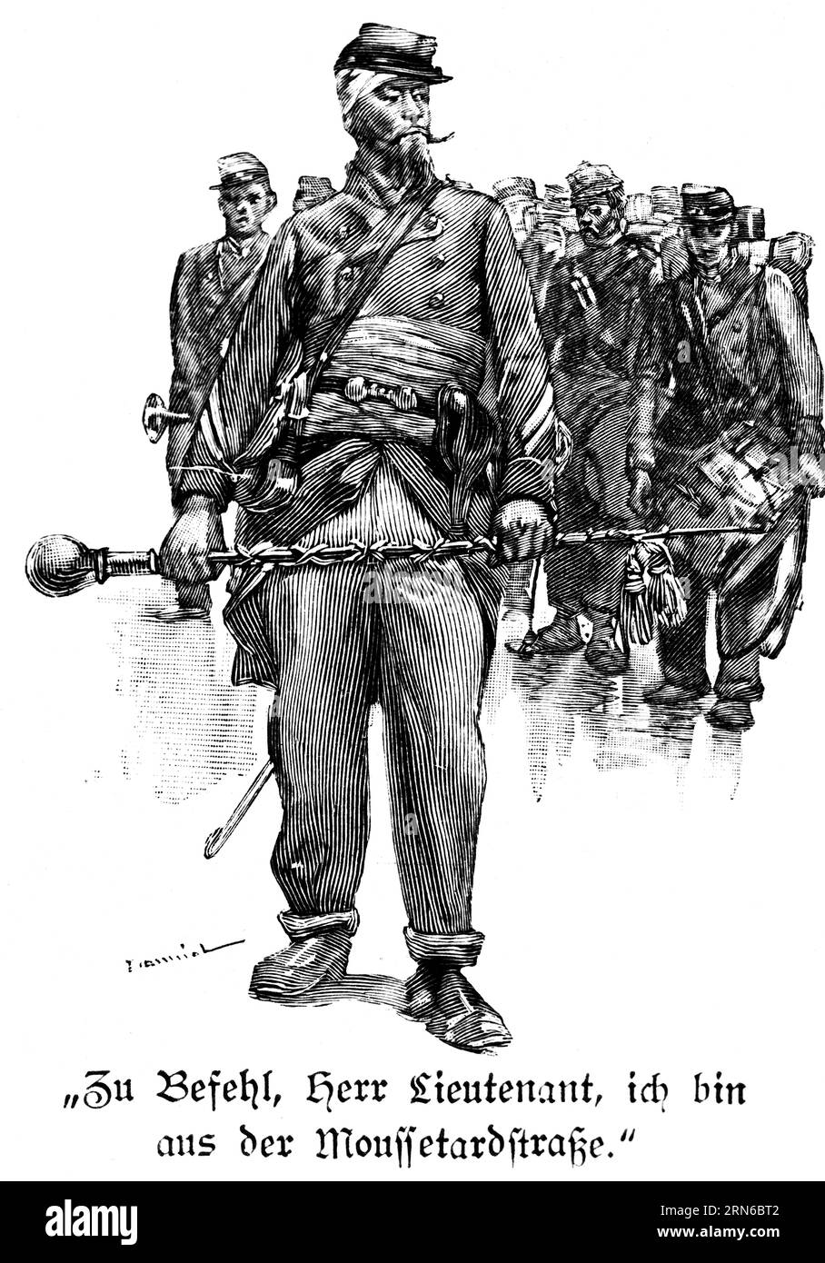 A vos ordres, Lieutenant, Paris, soldats, officier, chef de corps, tambour, corps de musique, état-major, France, illustration historique c. 1898, Europe Banque D'Images