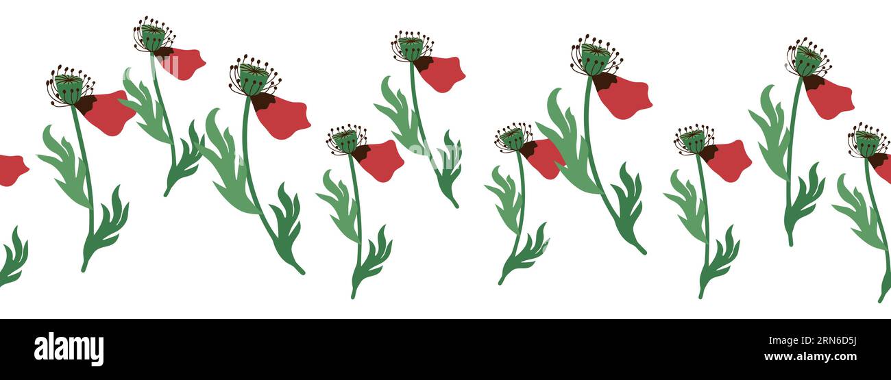 Motif sans couture d'été avec des fleurs de coquelicot rouge vif et des gousses de coquelicot. Guirlande, bordure florale. Illustration de Vecteur