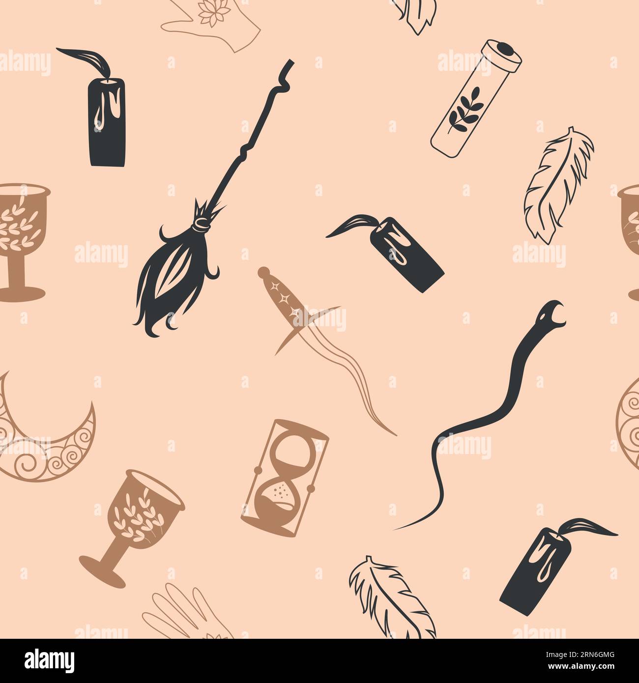 Motif sans couture magique et céleste, avec des éléments magiques tels que serpent, oeil, cartes de tarot, main, crâne, potion, lune, papillon, champignons, étoiles. Symb Illustration de Vecteur