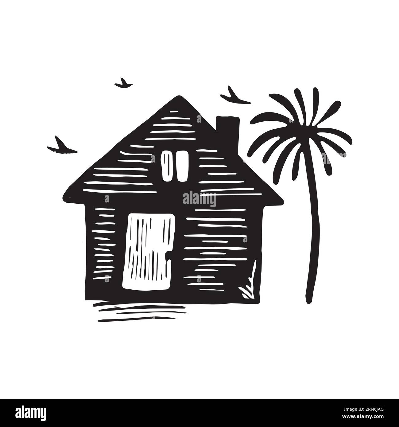 Illustration d'impression de bloc de cabane de plage fantaisiste pour le concept de voyage tropical. Vecteur maison côtière avec palmier stylisé pour les vacances. Illustration de Vecteur