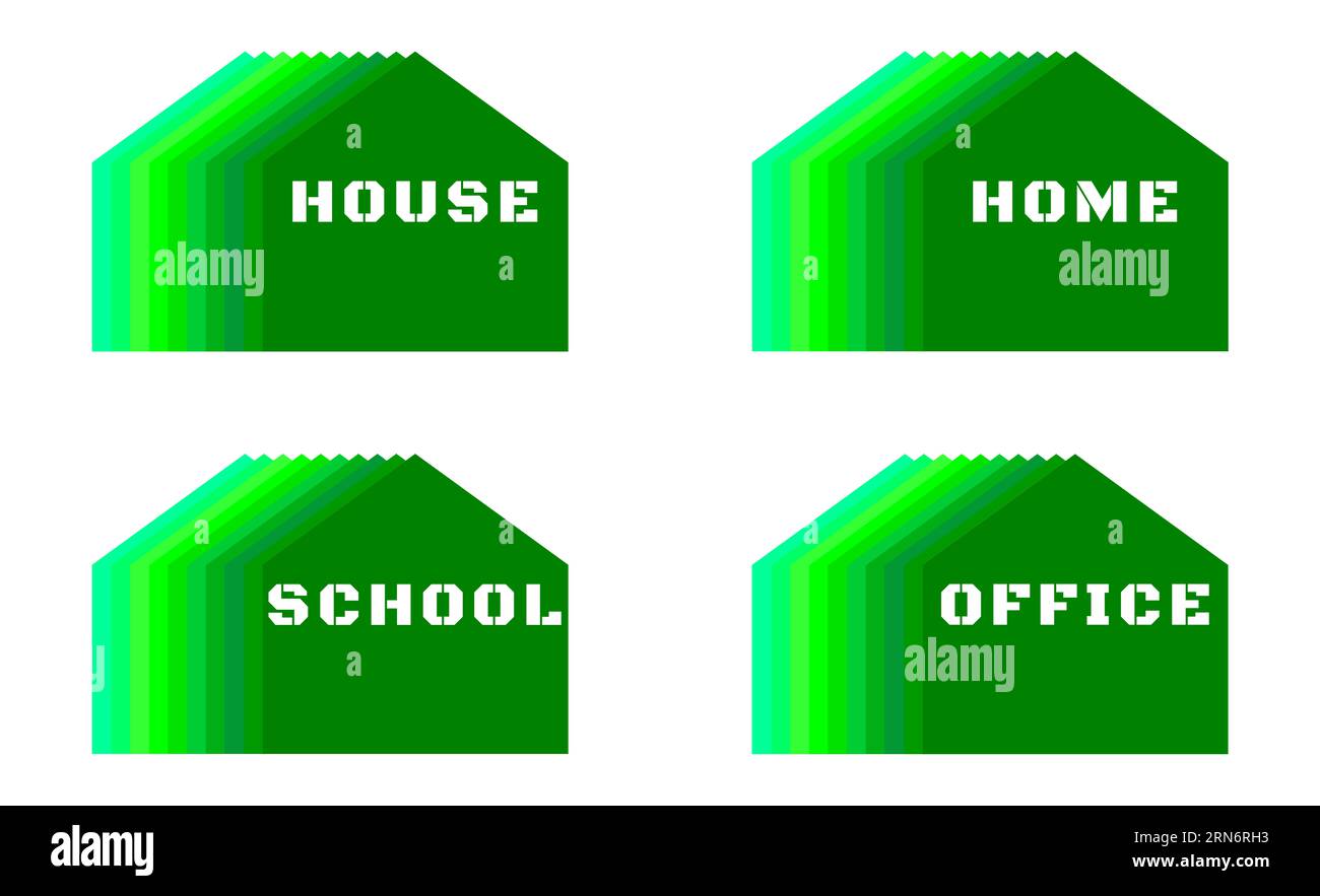 symboles de maisons, bâtiments, figures géométriques, formes schématiques immédiates. Il joue avec les couleurs et leurs nuances. Logo Essential. Banque D'Images