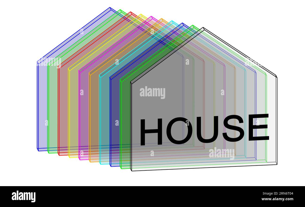 Maison, bâtiment, symbole géométrique, silhouettes de bâtiments, schéma instantané. Logo essentiel pour représenter l'idée de maison en synthèse. graphiques 3d. Banque D'Images