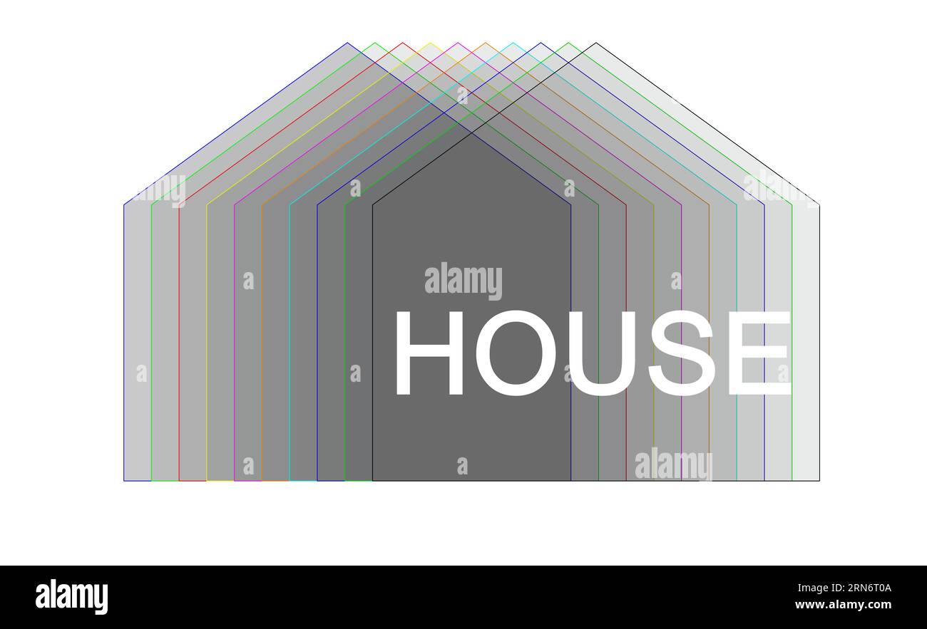 Maison, bâtiment, symbole géométrique, silhouettes de bâtiments, schéma instantané. Logo essentiel pour représenter l'idée de maison en synthèse. graphiques 3d. Banque D'Images