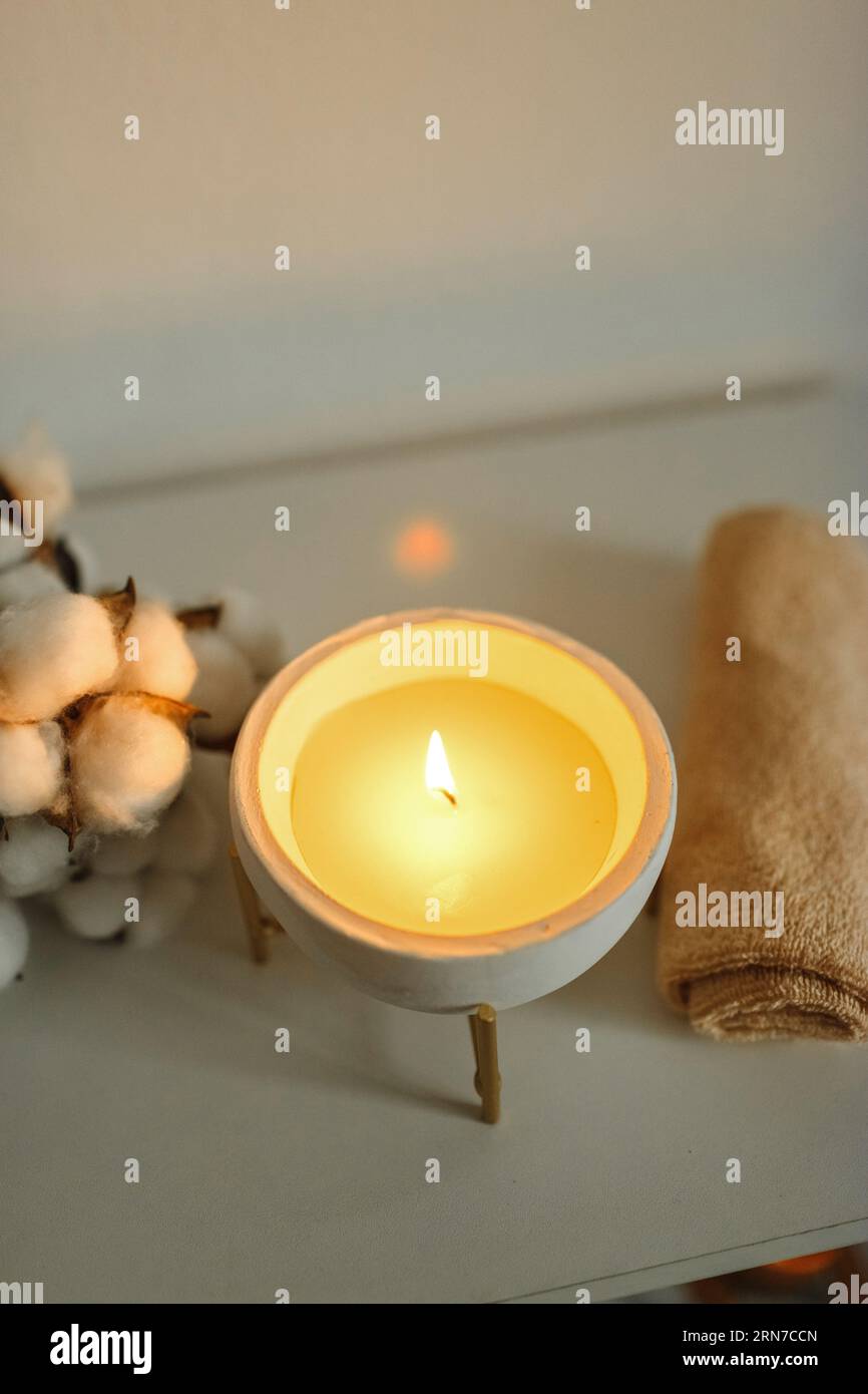 Composition spa avec des serviettes, une bougie brûlant dans un bol et une branche de coton. Cadre vertical Banque D'Images