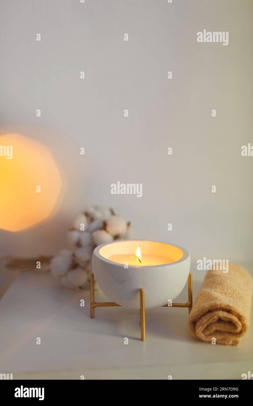 Composition spa avec des serviettes, une bougie brûlant dans un bol et une branche de coton. Cadre vertical Banque D'Images