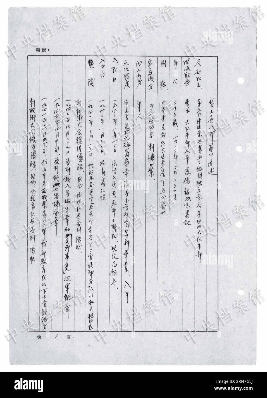 (150905) -- BEIJING, 5 septembre 2015 () -- une photo publiée le 5 septembre 2015 par l'Administration des archives d'État de Chine sur son site web montre la traduction chinoise d'un extrait de la confession écrite du criminel de guerre japonais Kihachiro Sibayama. Né au Japon en 1922, Sibayama rejoint l'invasion japonaise en 1940 et est capturé en août 1945. Selon les aveux de Kihachiro Sibayama, en mai 1940, dans la province du Shandong, le soldat japonais a tiré 30 balles sur des Chinois âgés d'environ 40 à 50 ans qui portaient des bâtons d'épaule et marchaient, afin de tester l'efficacité de Banque D'Images