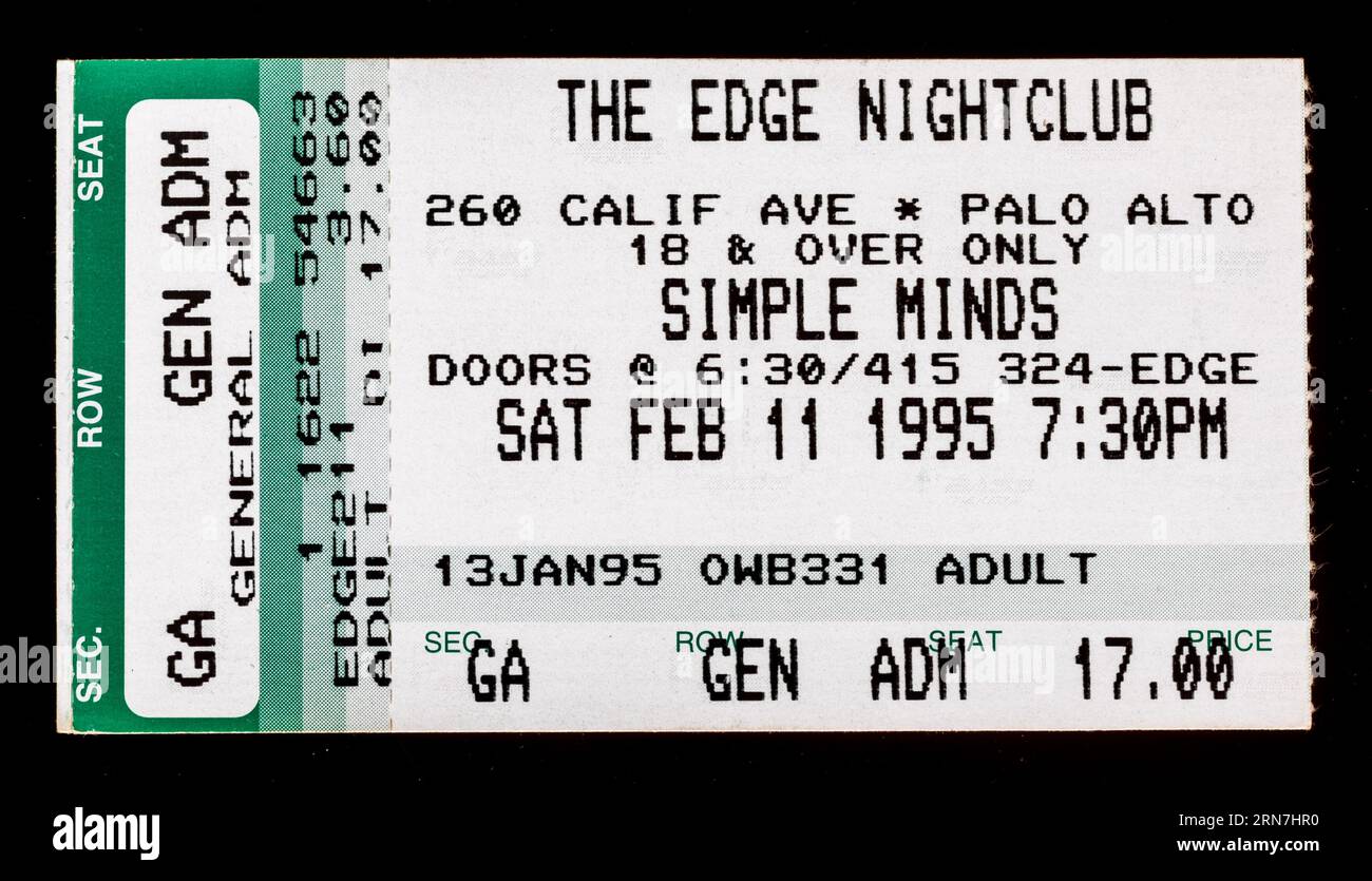 Palo Alto, Californie - 11 février 1995 - ancien billet d'occasion pour le concert de simple Minds au Edge Nightclub Banque D'Images