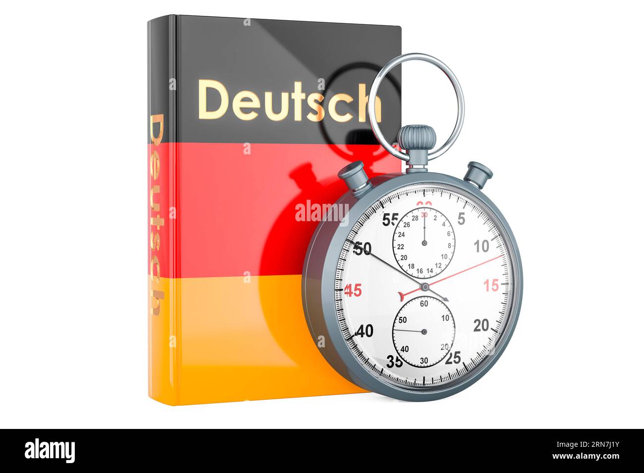Manuel de langue allemande avec chronomètre. Cours accélérés de langue allemande, rendu 3D isolé sur fond blanc Banque D'Images