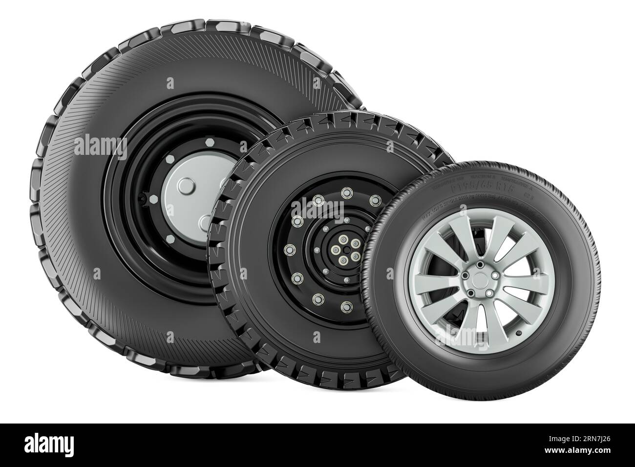 Jeu de roues, pour voiture et camions. Roues automatiques de différentes tailles, rendu 3D isolé sur fond blanc Banque D'Images